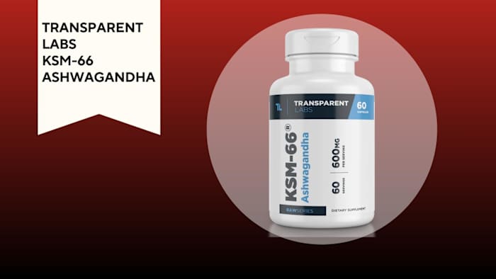 A black and red background with a white banner that reads Transparent Labs KSM-66 Ashwagandha beside a white bottle of the same product
